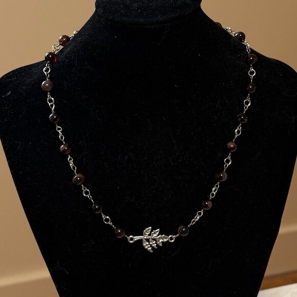 Genuine Dark Brown Agate Necklace, Natural Gemstone & Silver Leaf Branch Pendant - Picture 3 of 14
